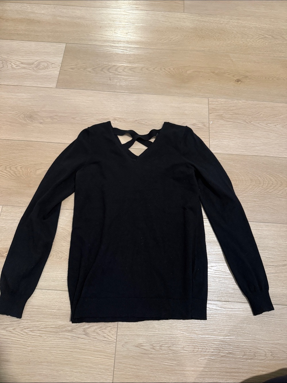 Women's Black V-Neck Sweater with Crisscross Back Detail